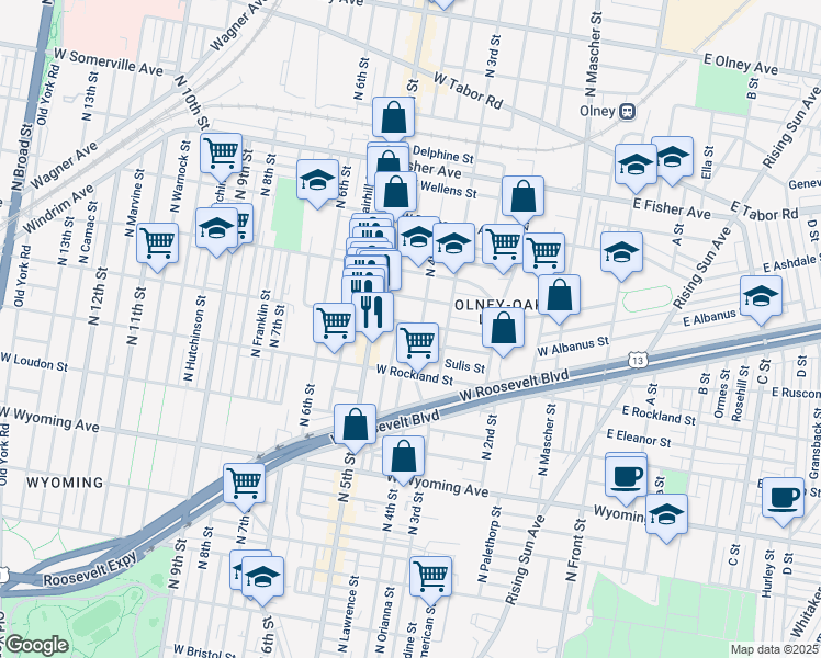 map of restaurants, bars, coffee shops, grocery stores, and more near 408 West Ruscomb Street in Philadelphia