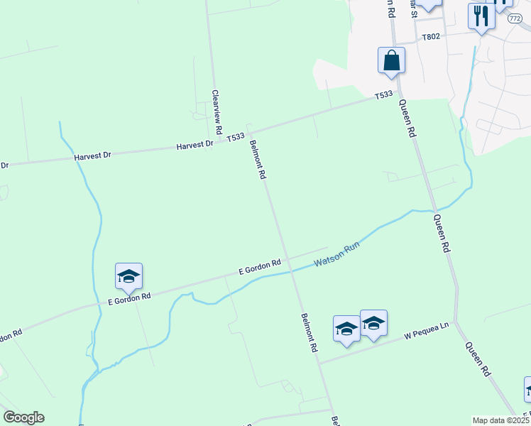 map of restaurants, bars, coffee shops, grocery stores, and more near 1 Belmont Road in Gordonville