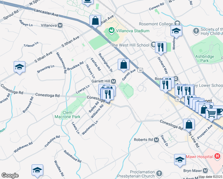 map of restaurants, bars, coffee shops, grocery stores, and more near 114C Garrett Avenue in Bryn Mawr