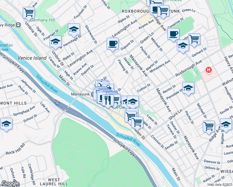 map of restaurants, bars, coffee shops, grocery stores, and more near 173 Levering Street in Philadelphia