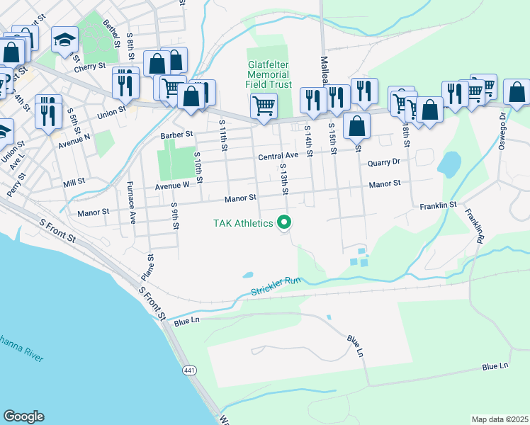 map of restaurants, bars, coffee shops, grocery stores, and more near 1224 Manor Street in Columbia