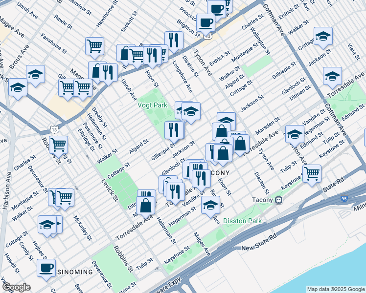 map of restaurants, bars, coffee shops, grocery stores, and more near 6722 Jackson Street in Philadelphia