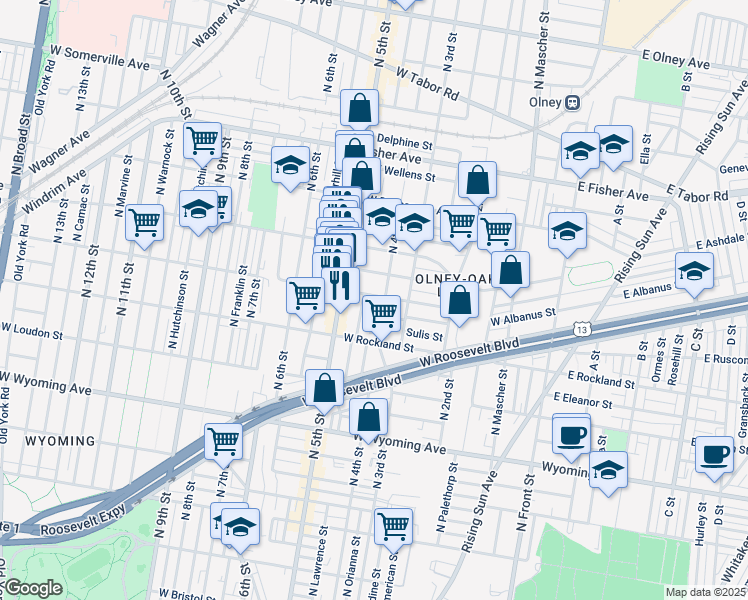 map of restaurants, bars, coffee shops, grocery stores, and more near 412 West Ruscomb Street in Philadelphia