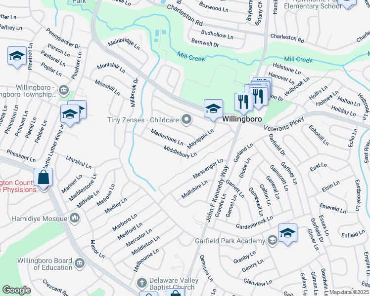 map of restaurants, bars, coffee shops, grocery stores, and more near 52 Madestone Lane in Willingboro