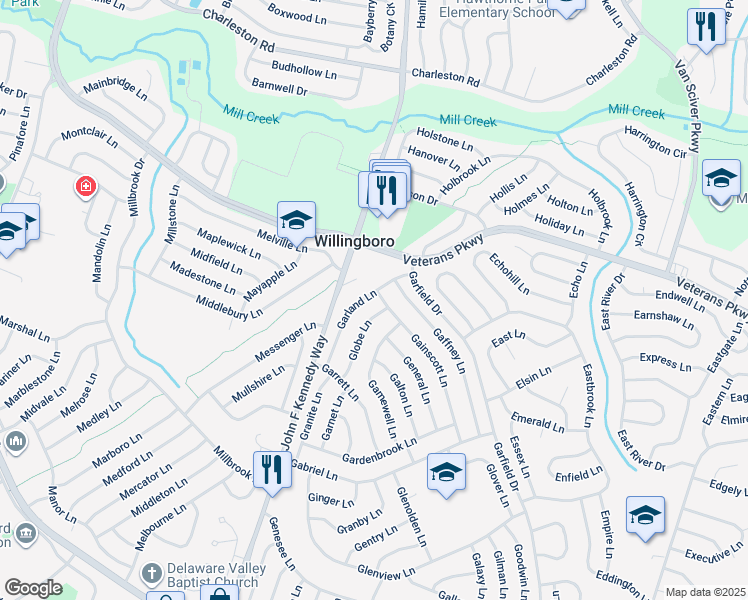 map of restaurants, bars, coffee shops, grocery stores, and more near 56 Garland Lane in Willingboro