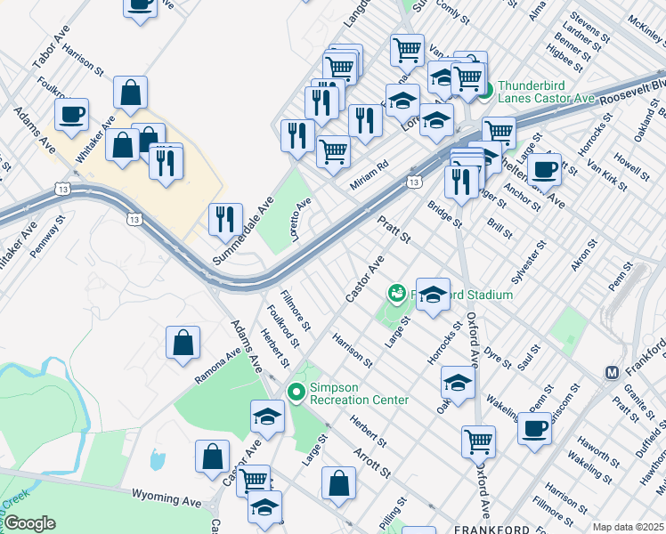 map of restaurants, bars, coffee shops, grocery stores, and more near 955 Wakeling Street in Philadelphia