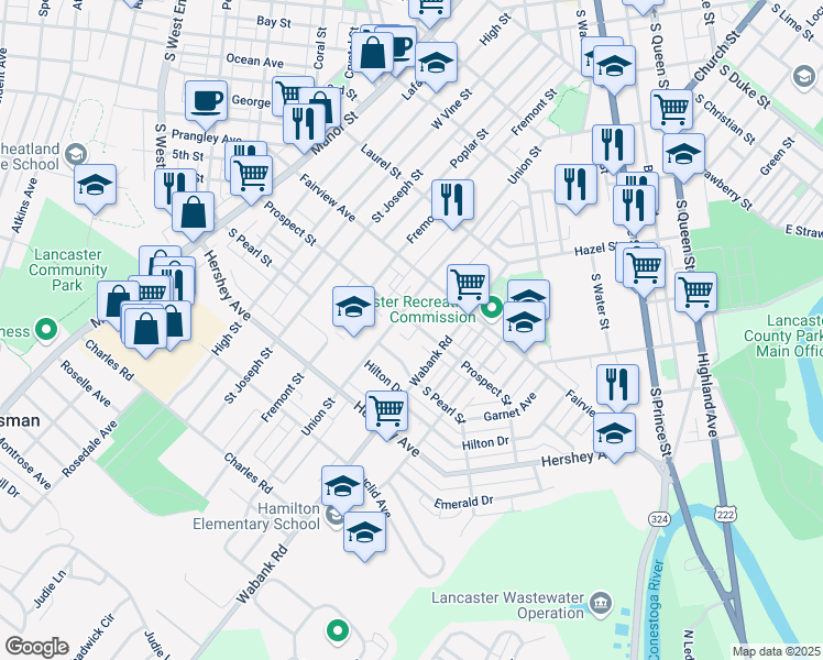 map of restaurants, bars, coffee shops, grocery stores, and more near 420 Prospect Street in Lancaster