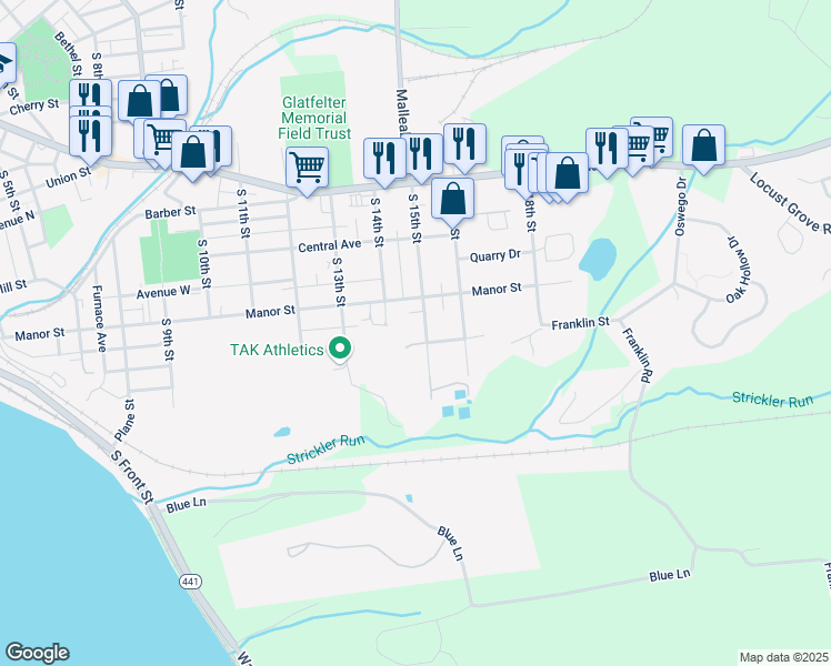 map of restaurants, bars, coffee shops, grocery stores, and more near 1424 Manor Street in Columbia