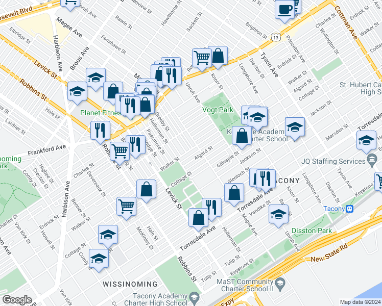 map of restaurants, bars, coffee shops, grocery stores, and more near 6535 Walker Street in Philadelphia