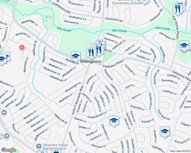 map of restaurants, bars, coffee shops, grocery stores, and more near 56 Garland Lane in Willingboro