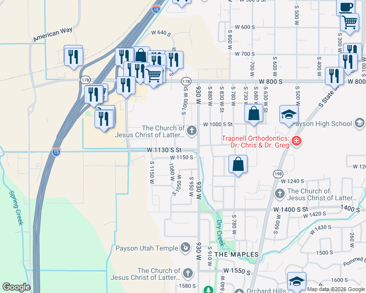 map of restaurants, bars, coffee shops, grocery stores, and more near 1034 West 1130 South in Payson