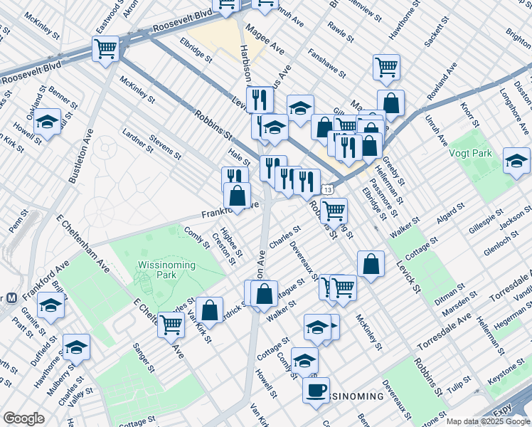 map of restaurants, bars, coffee shops, grocery stores, and more near Harbison Ave & Hawthorne St in Philadelphia