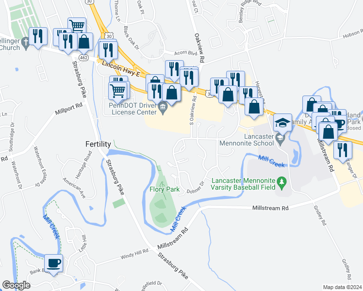 map of restaurants, bars, coffee shops, grocery stores, and more near 486 Greenland Drive in Lancaster
