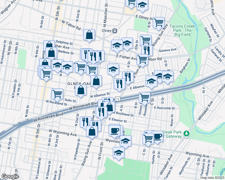 map of restaurants, bars, coffee shops, grocery stores, and more near 4947 North Front Street in Philadelphia