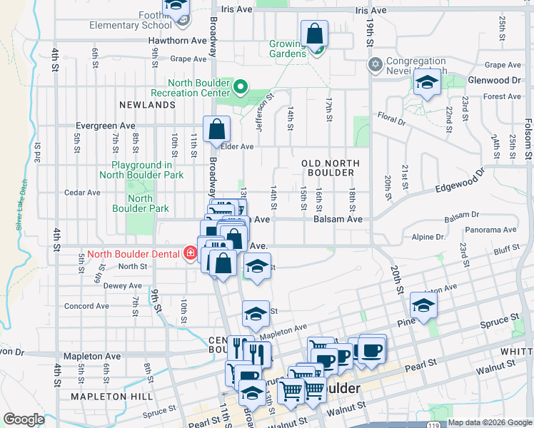 map of restaurants, bars, coffee shops, grocery stores, and more near 1331 Balsam Avenue in Boulder