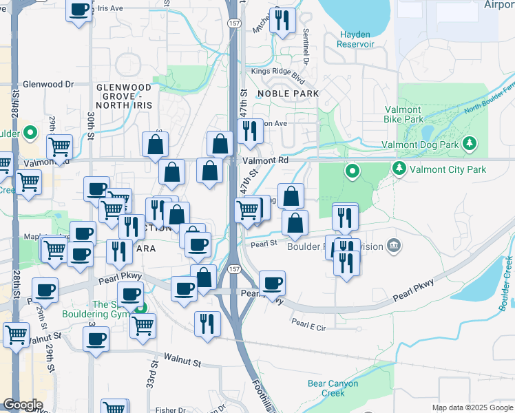 map of restaurants, bars, coffee shops, grocery stores, and more near 4775 Sterling Drive in Boulder