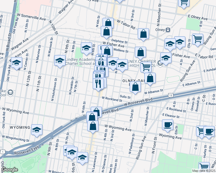 map of restaurants, bars, coffee shops, grocery stores, and more near 420 West Ruscomb Street in Philadelphia
