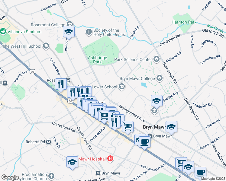 map of restaurants, bars, coffee shops, grocery stores, and more near 139 North Roberts Road in Bryn Mawr
