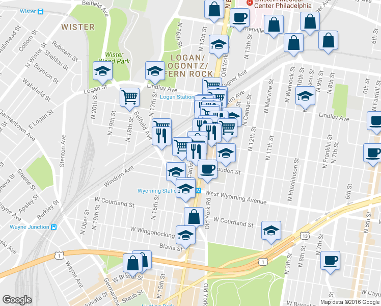 map of restaurants, bars, coffee shops, grocery stores, and more near 4828 North Carlisle Street in Philadelphia