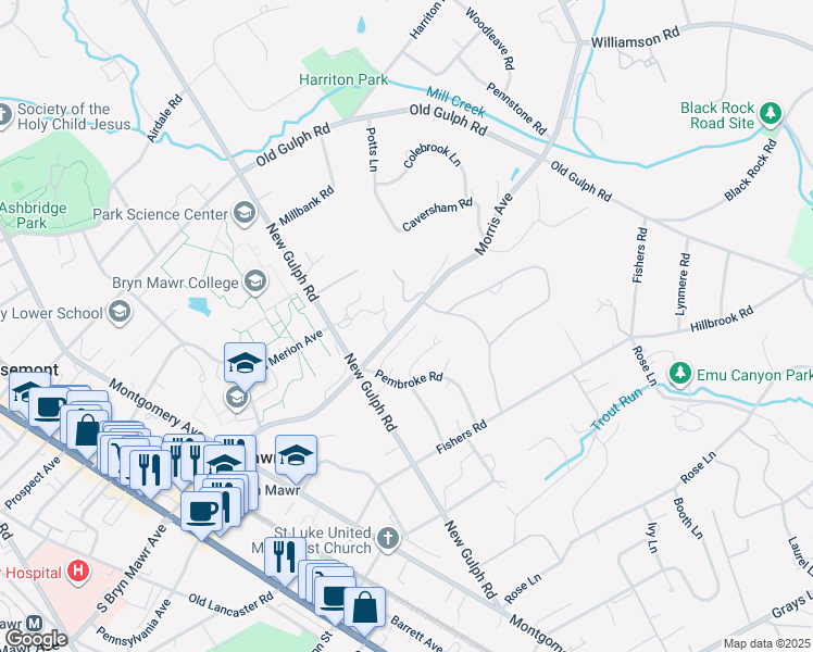 map of restaurants, bars, coffee shops, grocery stores, and more near 222 Ladbroke Road in Bryn Mawr