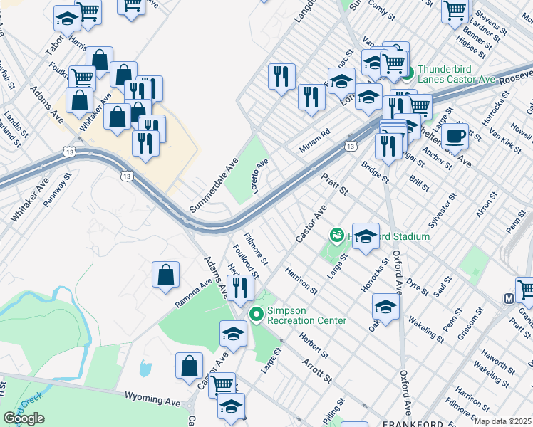 map of restaurants, bars, coffee shops, grocery stores, and more near 4911 East Roosevelt Boulevard in Philadelphia