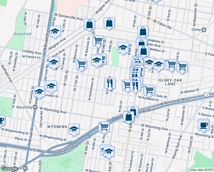 map of restaurants, bars, coffee shops, grocery stores, and more near 4926 North Franklin Street in Philadelphia