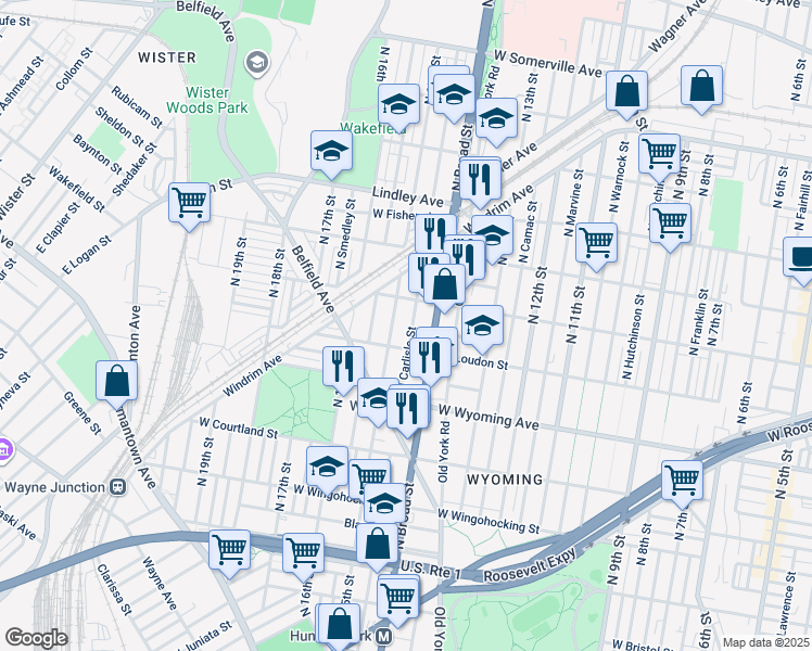 map of restaurants, bars, coffee shops, grocery stores, and more near 4828 North Carlisle Street in Philadelphia