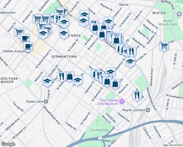 map of restaurants, bars, coffee shops, grocery stores, and more near 5121 Wayne Avenue in Philadelphia