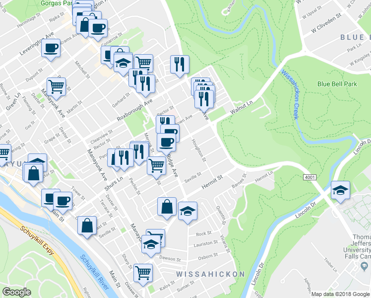 map of restaurants, bars, coffee shops, grocery stores, and more near 539 Walnut Lane in Philadelphia