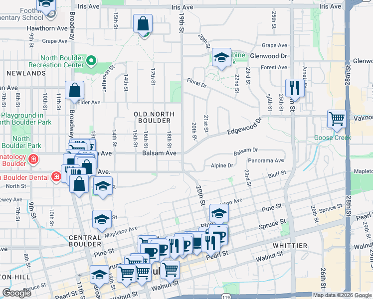 map of restaurants, bars, coffee shops, grocery stores, and more near 2865 19th Street in Boulder