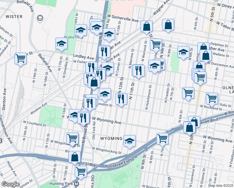 map of restaurants, bars, coffee shops, grocery stores, and more near 4907 North Camac Street in Philadelphia