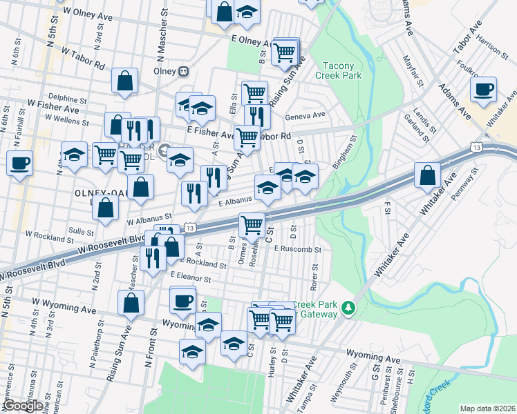 map of restaurants, bars, coffee shops, grocery stores, and more near 329 East Albanus Street in Philadelphia