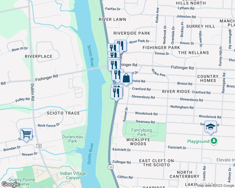 map of restaurants, bars, coffee shops, grocery stores, and more near Riverside Drive in Upper Arlington