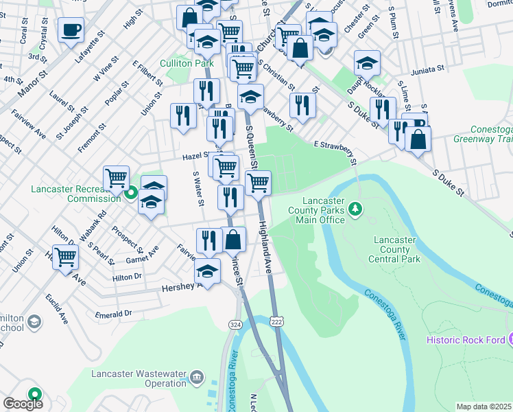 map of restaurants, bars, coffee shops, grocery stores, and more near 638 South Queen Street in Lancaster