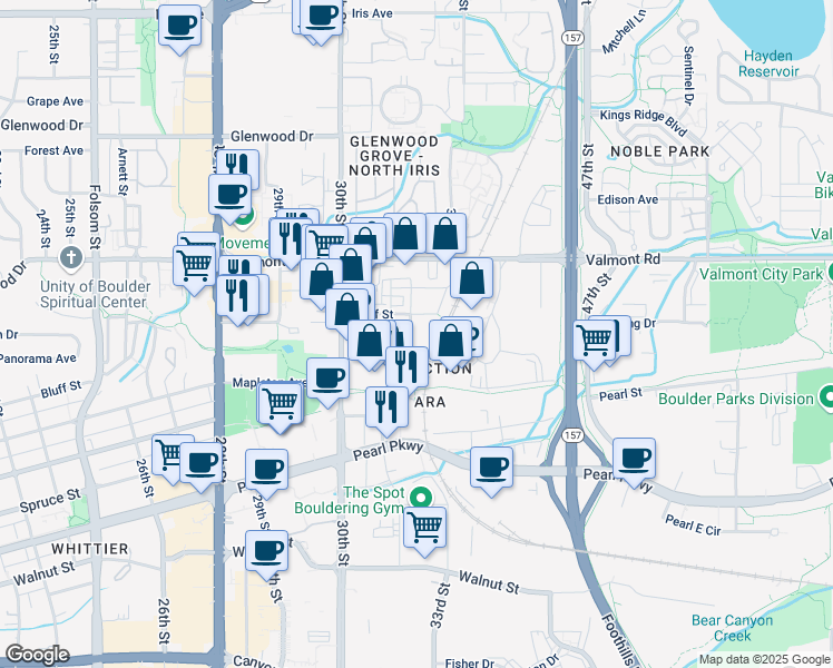 map of restaurants, bars, coffee shops, grocery stores, and more near 3303 Bluff Street in Boulder