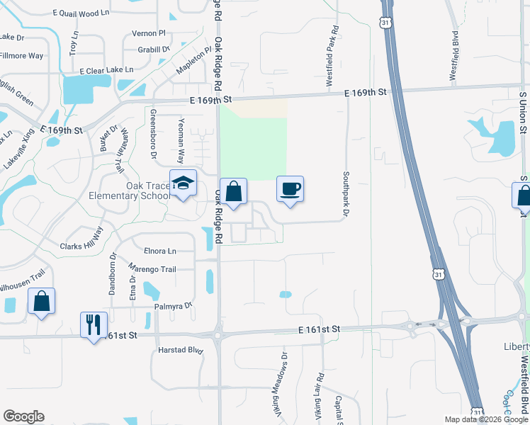map of restaurants, bars, coffee shops, grocery stores, and more near 16381 Meadowlands Lane in Westfield