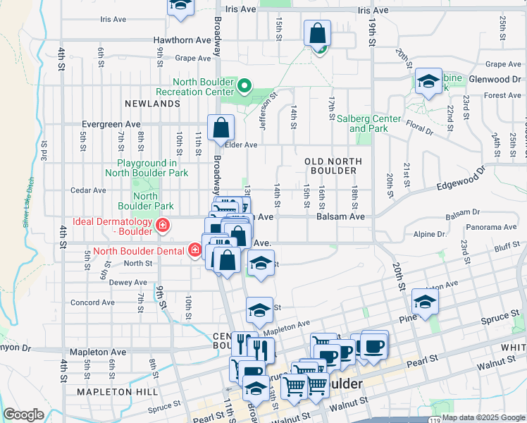 map of restaurants, bars, coffee shops, grocery stores, and more near 2853 14th Street in Boulder