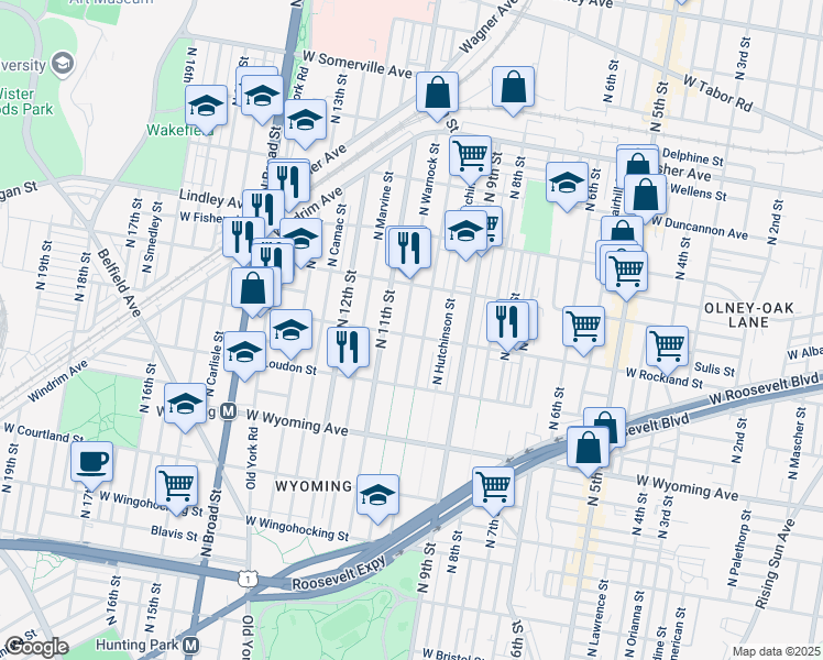 map of restaurants, bars, coffee shops, grocery stores, and more near 1009 West Rockland Street in Philadelphia