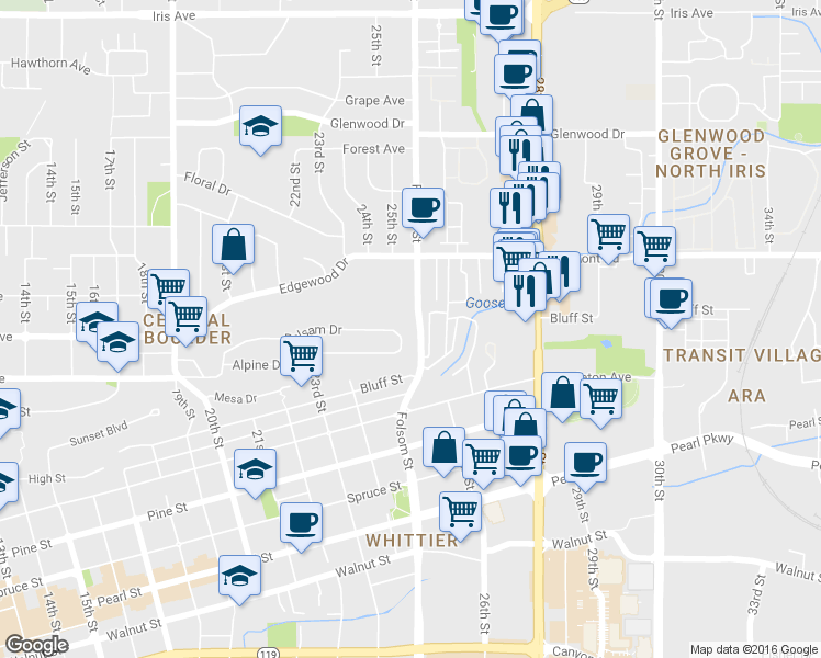 map of restaurants, bars, coffee shops, grocery stores, and more near 2727 Folsom Street in Boulder