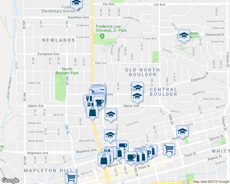 map of restaurants, bars, coffee shops, grocery stores, and more near 2853 14th Street in Boulder