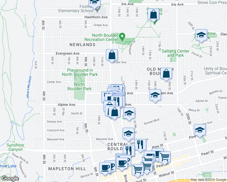 map of restaurants, bars, coffee shops, grocery stores, and more near 2832 Colorado 7 in Boulder