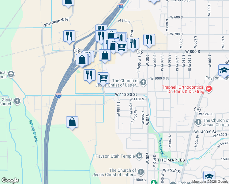 map of restaurants, bars, coffee shops, grocery stores, and more near 1034 West 1130 South in Payson