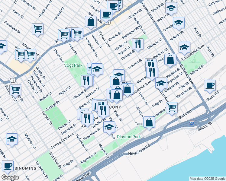 map of restaurants, bars, coffee shops, grocery stores, and more near 6824 Glenloch Street in Philadelphia