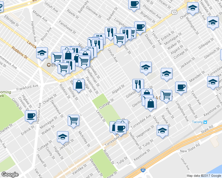 map of restaurants, bars, coffee shops, grocery stores, and more near 4238 Magee Avenue in Philadelphia