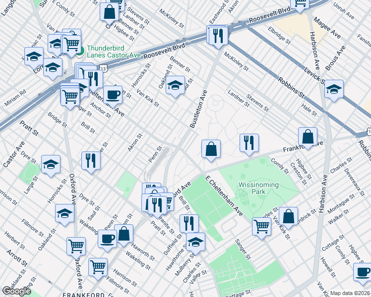 map of restaurants, bars, coffee shops, grocery stores, and more near 5819 Bustleton Avenue in Philadelphia