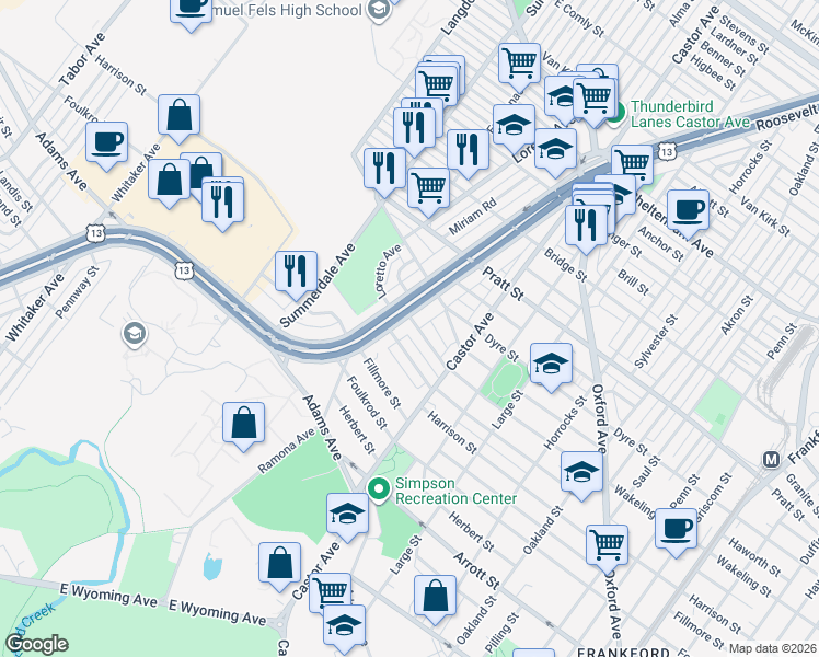 map of restaurants, bars, coffee shops, grocery stores, and more near 5009 Roosevelt Boulevard in Philadelphia