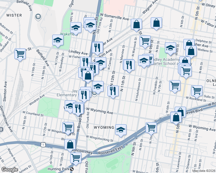map of restaurants, bars, coffee shops, grocery stores, and more near 4907 North Camac Street in Philadelphia