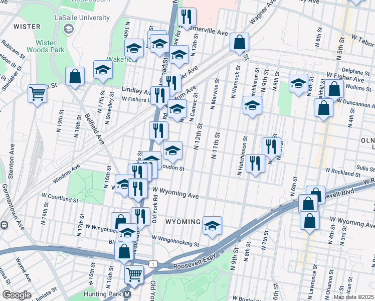 map of restaurants, bars, coffee shops, grocery stores, and more near 4907 North Camac Street in Philadelphia