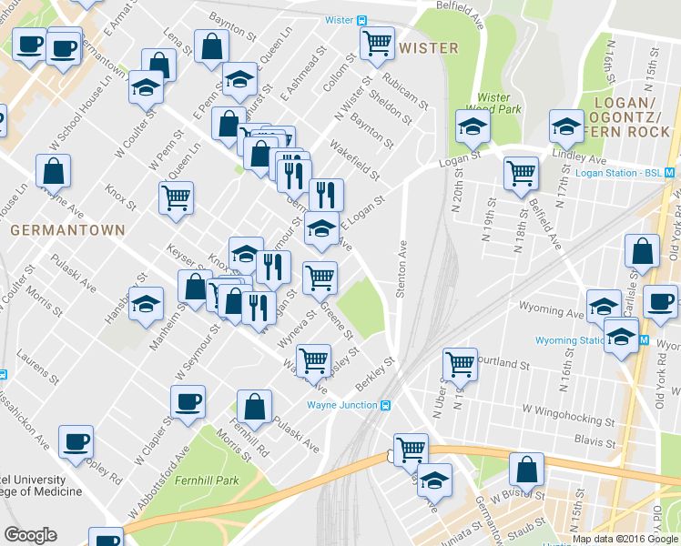 map of restaurants, bars, coffee shops, grocery stores, and more near in Philadelphia