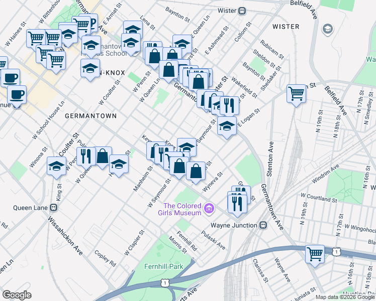 map of restaurants, bars, coffee shops, grocery stores, and more near 5020 Greene Street in Philadelphia